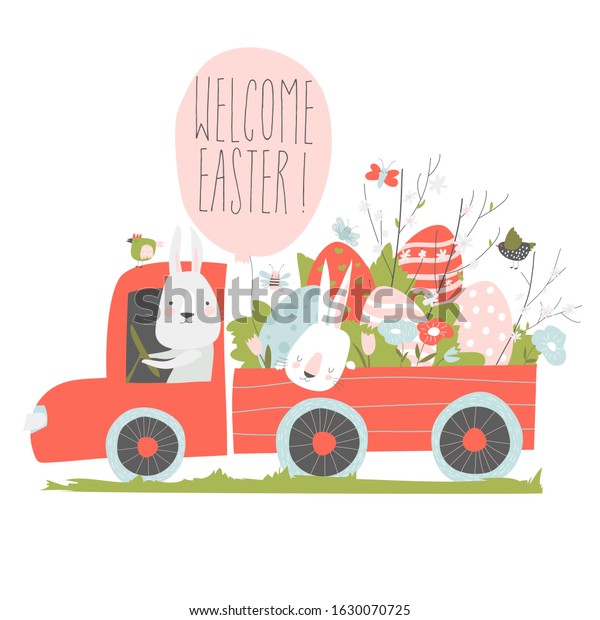 Cute cartoon\
bunny driving a car with easter\
eggs