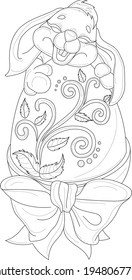 Cute cartoon bunny with Easter egg with bow template sketch. Holiday season vector illustration in black and white for games, background, pattern, decor. Coloring paper, page, story book, print