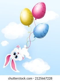 Cute cartoon Bunny with easter egg shape balloons around his lag flies away. Easter card.