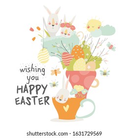 Cute cartoon bunny with Easter eggs and flowers