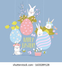 Cute cartoon bunny with Easter eggs and flowers