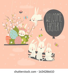 Cute cartoon bunny with Easter eggs and flowers