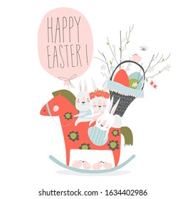 Cute cartoon bunny with Easter eggs and flowers