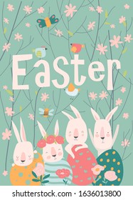 Cute cartoon bunny with Easter eggs and flowers
