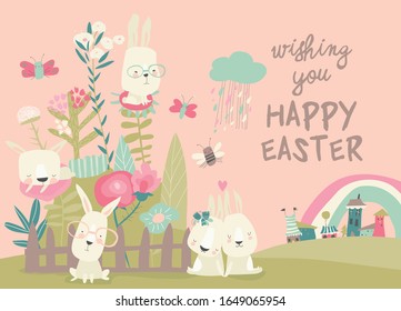 Cute cartoon bunny with Easter eggs and flowers