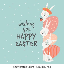 Cute cartoon bunny with Easter eggs, happy holiday