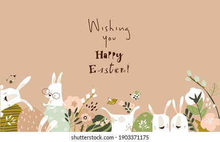 Cute cartoon bunny with Easter eggs and flowers