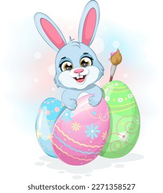 Un lindo conejito de dibujos animados con huevos de Pascua y pincel