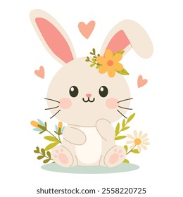 Cute cartoon bunny. Easter greetings with bunny, eggs and flowers.