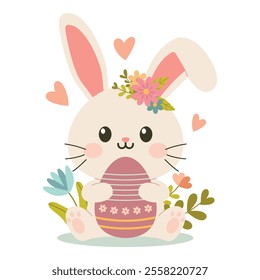 Cute cartoon bunny. Easter greetings with bunny, eggs and flowers.