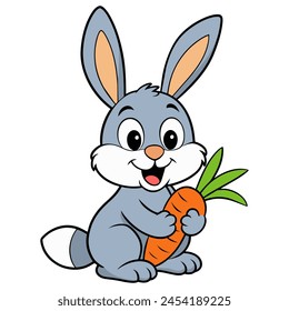 Cute cartoon bunny eating carrot isolated on white. Funny rabbit holding carrot. Front view. Vector illustration.