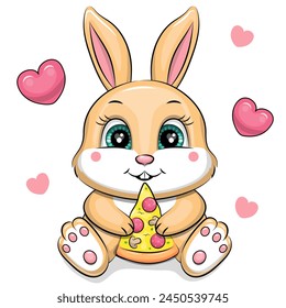 Cute cartoon bunny eating pizza. Vector illustration of animal that loves food on a white background.