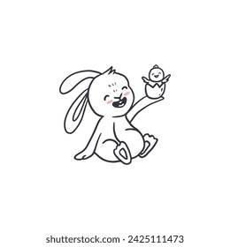 cute cartoon bunny with egg and chick for easter and spring. Doodle style. Vector