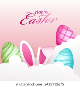 Cute Cartoon Bunny and Eggs on Cloud Background for Happy Easter Celebration Concept.