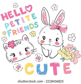 Cute Cartoon Bunny Face and Cat Face Design on White Background cute kitten and rabbit kids print 