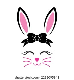 Cute cartoon bunny face. Easter Bunny clipart. Rabbit silhouette. Long ears and pretty bow. For the design of fashion fabric, t-shirt prints, cups, stickers, cards. Vector illustration.