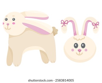 Cute cartoon bunny and face set kawaii, festive easter rabbit on white background