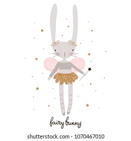 Cute cartoon bunny fairy. Rabbit bellerina with wings Childish print for nursery, kids apparel,poster, postcard. Vector Illustration