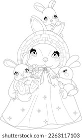 Cute cartoon bunny family for Easter graphic template sketch. Holiday spring season vector illustration in black and white for games, background, pattern, decor. Childrens story book, coloring paper