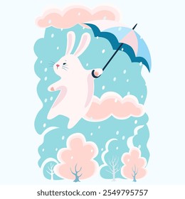 bonitos desenhos animados coelho voa com um guarda-chuva sobre árvores de inverno. ilustração vetorial.