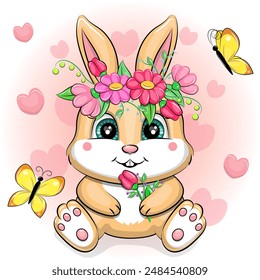 Cute cartoon bunny with flower wreath and butterflies. Vector illustration of an animal on an pink background with hearts.