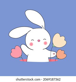 Cute cartoon bunny with flowers. Funny wild animal, vector illustration.