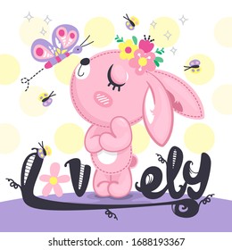 Cute cartoon bunny girl with a bouquet of flowers on the head and butterfly in nature on polka dot background illustration vector.