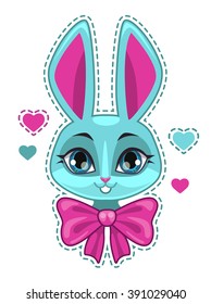 Cute cartoon bunny girl face with big pink bow, fashion girlish vector illustration for t shirt print design
