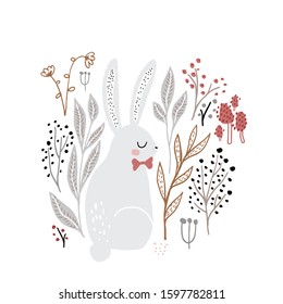 Cute cartoon bunny girl in floral elements, mushrooms. Childish print for nursery, kids apparel,poster, postcard. Vector Illustration