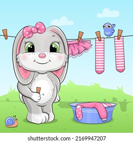 Cute Cartoon Bunny Girl Hangs Up Laundry. Vector Illustration Of An Animal With A Pink Hair Bow.