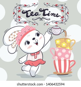 Cute cartoon bunny girl pouring tea into big cups on polka dot background illustration vector.