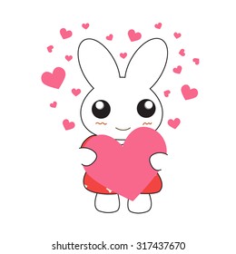 Cute cartoon bunny girl in a pretty pink dress with hearts. Vector illustration.