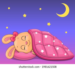 Cute cartoon bunny girl sleeping under a pink blanket. Night vector illustration on blue background with stars and moon.