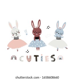 Cute cartoon bunny girls ballerinas in floral. Childish print for nursery, kids apparel,poster, postcard. Vector Illustration