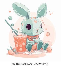 Cute cartoon bunny with a glass of juice. Vector illustration.