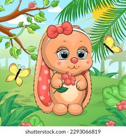 A cute cartoon bunny with a hair bow is holding a tropical flower. Vector illustration of an animal in nature on a green background with trees, leaves, butterflies and flowers.