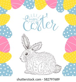 Cute cartoon bunny. Happy Easter vector card with rabbit,eggs,lettering.