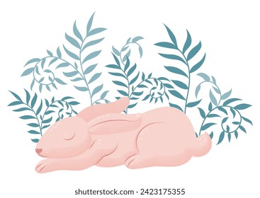 Cute cartoon bunny or bunny. A hare sleeps under a bush.Watercolor. Printing on children's T-shirts, greeting cards, posters. Hand drawn vector illustration isolated on white background