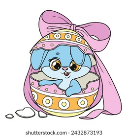 Cute cartoon bunny hatches from a fancy Easter egg color variation . Image produced without the use of any form of AI software at any stage