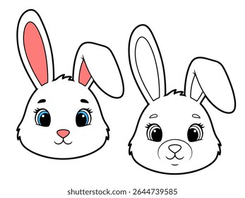 Cute cartoon bunny head illustration, with one colored white version and one black and white outline. Ideal for animal themes or coloring pages.