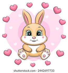 Cute cartoon bunny in a heart frame. Vector illustration of animal on a pink background.