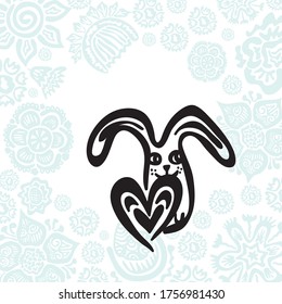 Cute cartoon bunny and heart. Vector illustration