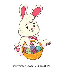 Cute cartoon bunny holding a basket full of colorful, ornate Easter eggs, perfect for festive decorations.