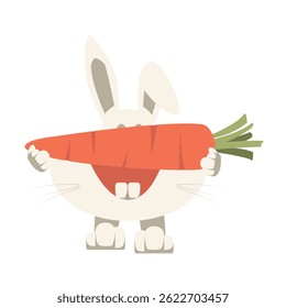 Cute cartoon bunny holding big carrot with happy face and round body, perfect for kids products, Easter designs, farm branding, and healthy food packaging.