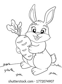 Cute cartoon bunny holding a carrot. Black and white vector illustration for coloring book