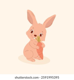 A cute cartoon bunny holding a carrot. A fun and charming design, perfect for children's products, greeting cards, posters, holidays, and themed projects.