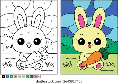 Cute Cartoon Bunny Holding a Carrot, Color By Number Page for Kids, Educational Activity Sheet with Outline and Completed Colored Image for Learning and Fun