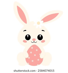 Cute cartoon bunny holding a decorated pink Easter egg with floral patterns