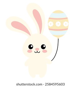 Cute cartoon bunny holding an Easter egg balloon in pastel colors celebrating Easter