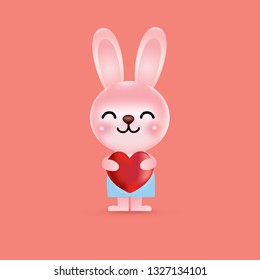 Cute cartoon bunny holding heart balloon, Vector Illustration